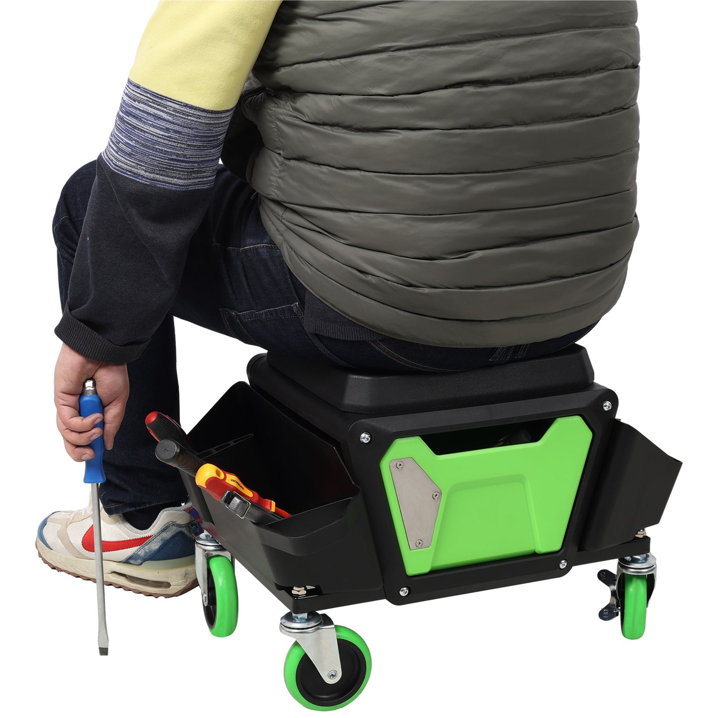 Heavy Duty Mechanic Stool With Wheels And Soft Rubber Cushion And 330Lbs Capacity - Green