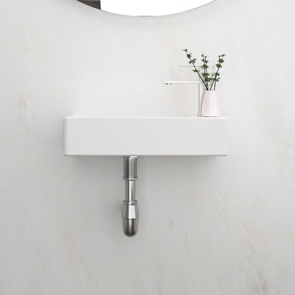 Modern Ceramic Rectangle Wall Mount Bathroom Sink With Single Faucet Hole - White