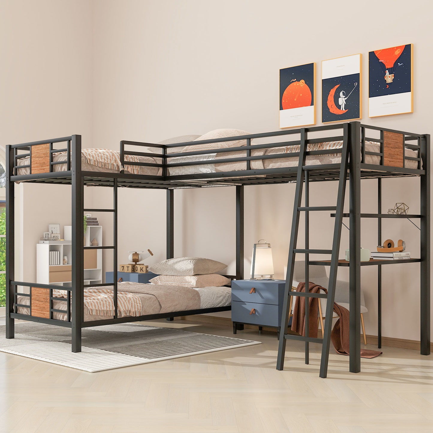 L-Shaped Twin Over Twin Bunk Bed With Twin Size Loft Bed With Desk And Shelf - Brown