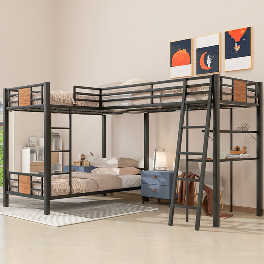 L-Shaped Twin Over Twin Bunk Bed With Twin Size Loft Bed With Desk And Shelf - Brown