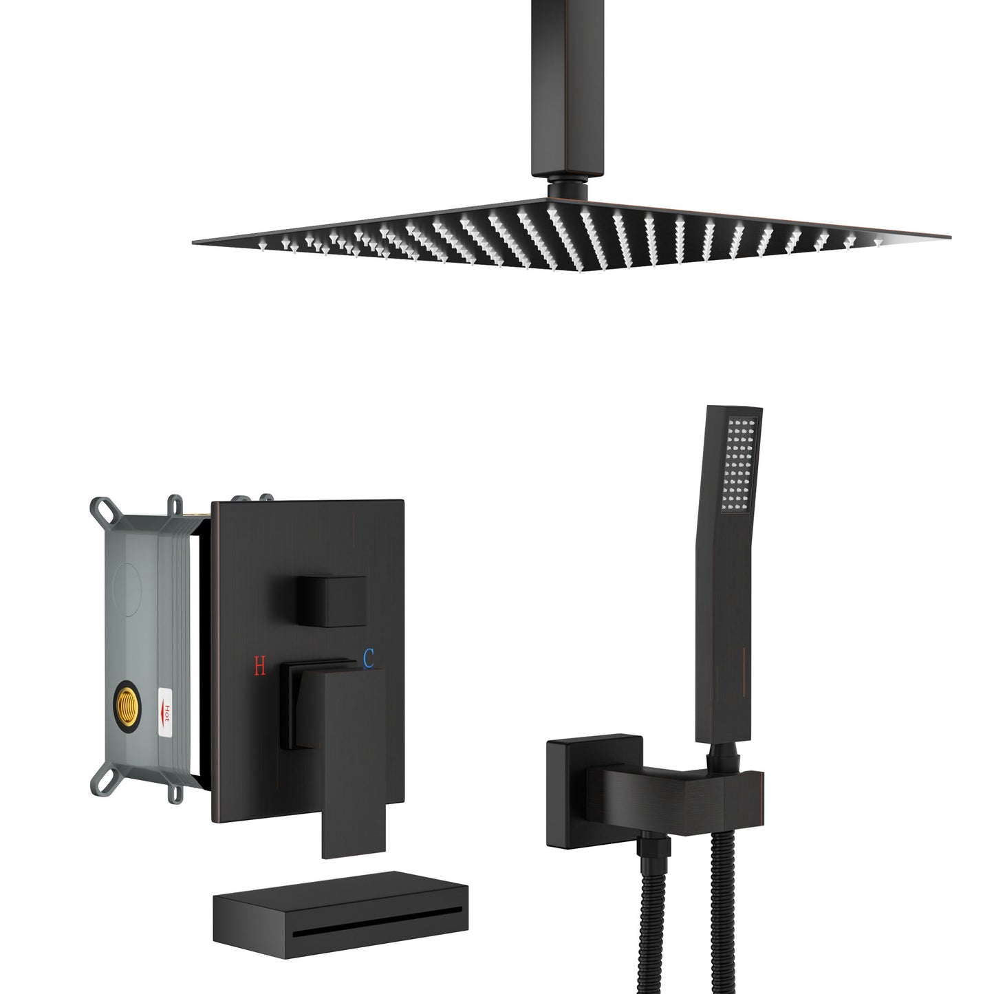 Shower System With Waterfall Tub Spout And 12" Ceiling Mount Square Shower Head - Oil-Rubbed Bronze