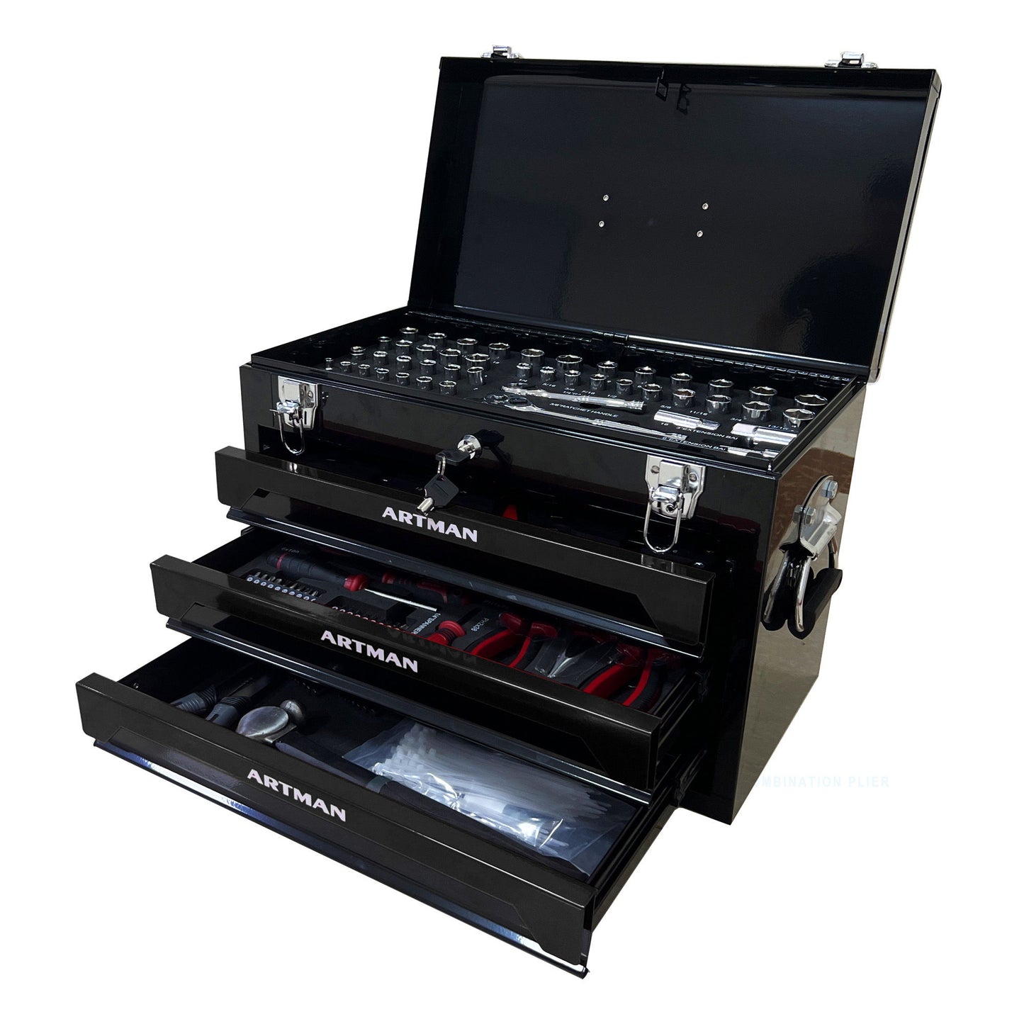 Portable 3 Drawer Steel Toolbox, 4 Layers Of Tools With Metal Latches, With Storage Tray And Carrying Handle