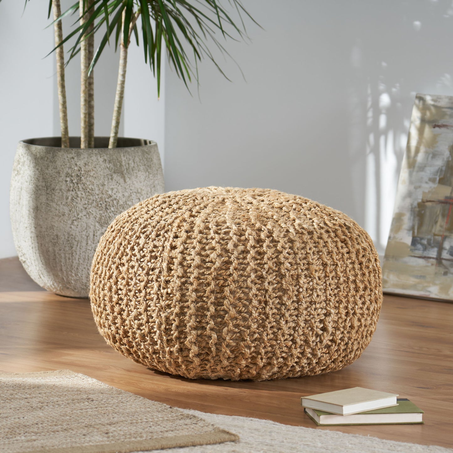 Handmade Jute Pouf With Cable Knit Pattern - Natural