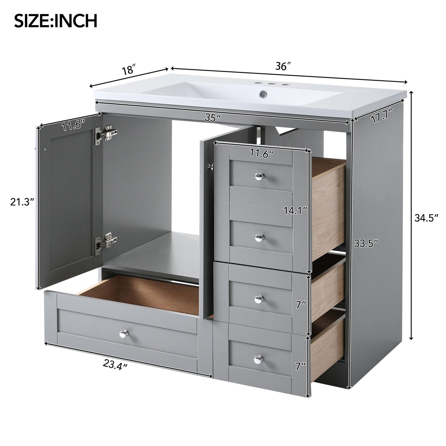 36" Shaker Free Standing Bathroom Vanity Cabinet With Sink, Soft Close Drawers, Soft Close Doors - Gray