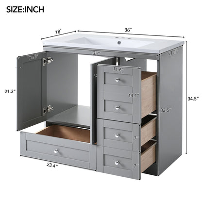 36" Shaker Free Standing Bathroom Vanity Cabinet With Sink, Soft Close Drawers, Soft Close Doors - Gray