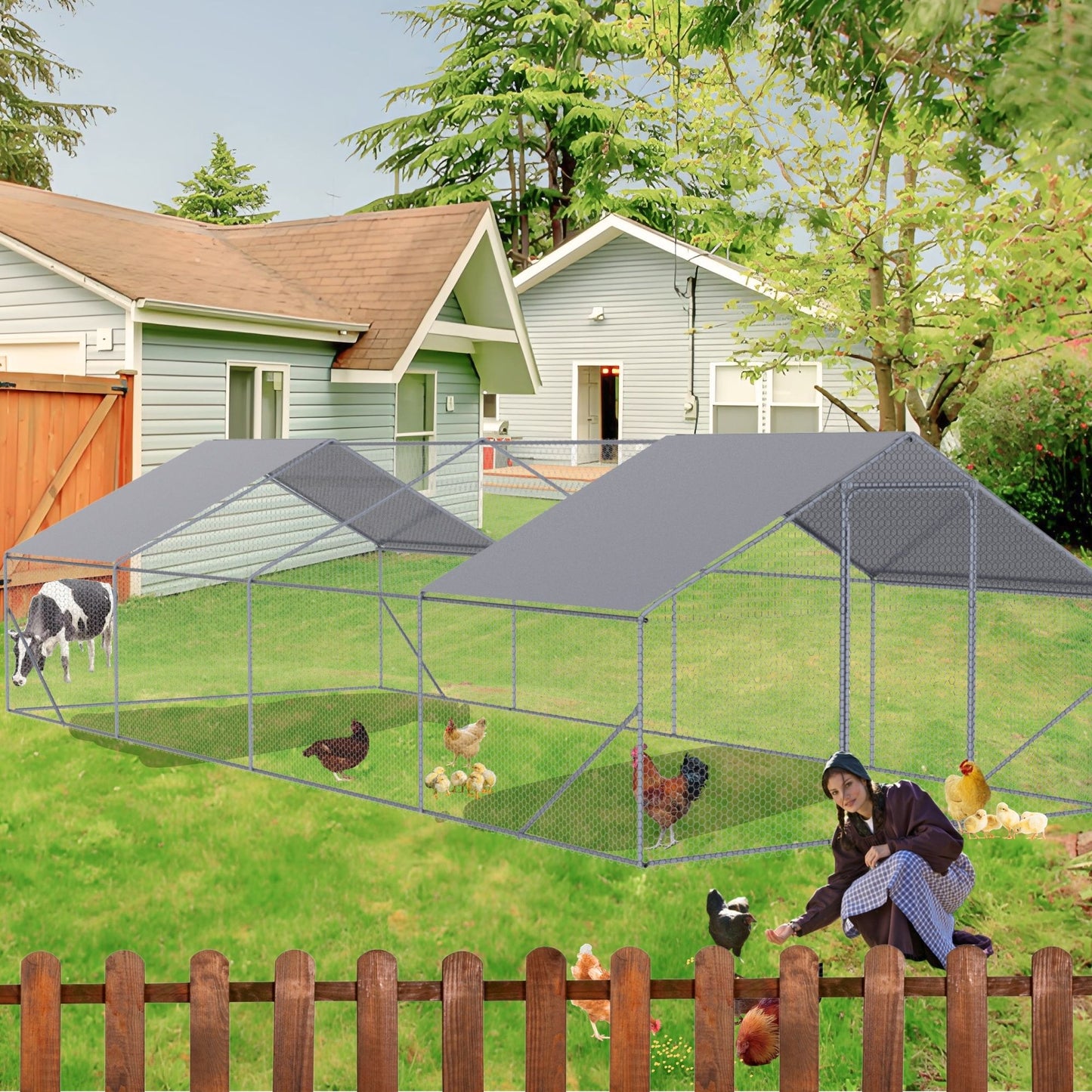 Outdoor Chicken Coop Large Space With Safety Features - Silver Gray