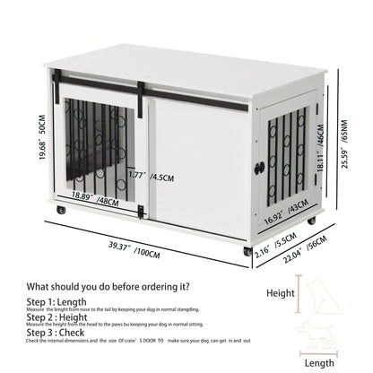 Dog Crate With Sliding Barn Door And Side Access, Lockable Wheels For Small To Medium Dogs - White