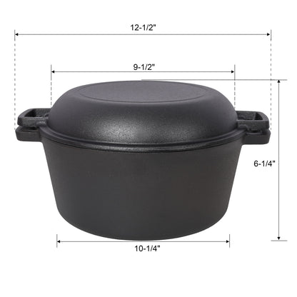 3 In 1 Pre-Seasoned Cast Iron Dutch Oven, Outdoor Camping Deep Pot, 5 Quart With Silicone Handles - Black