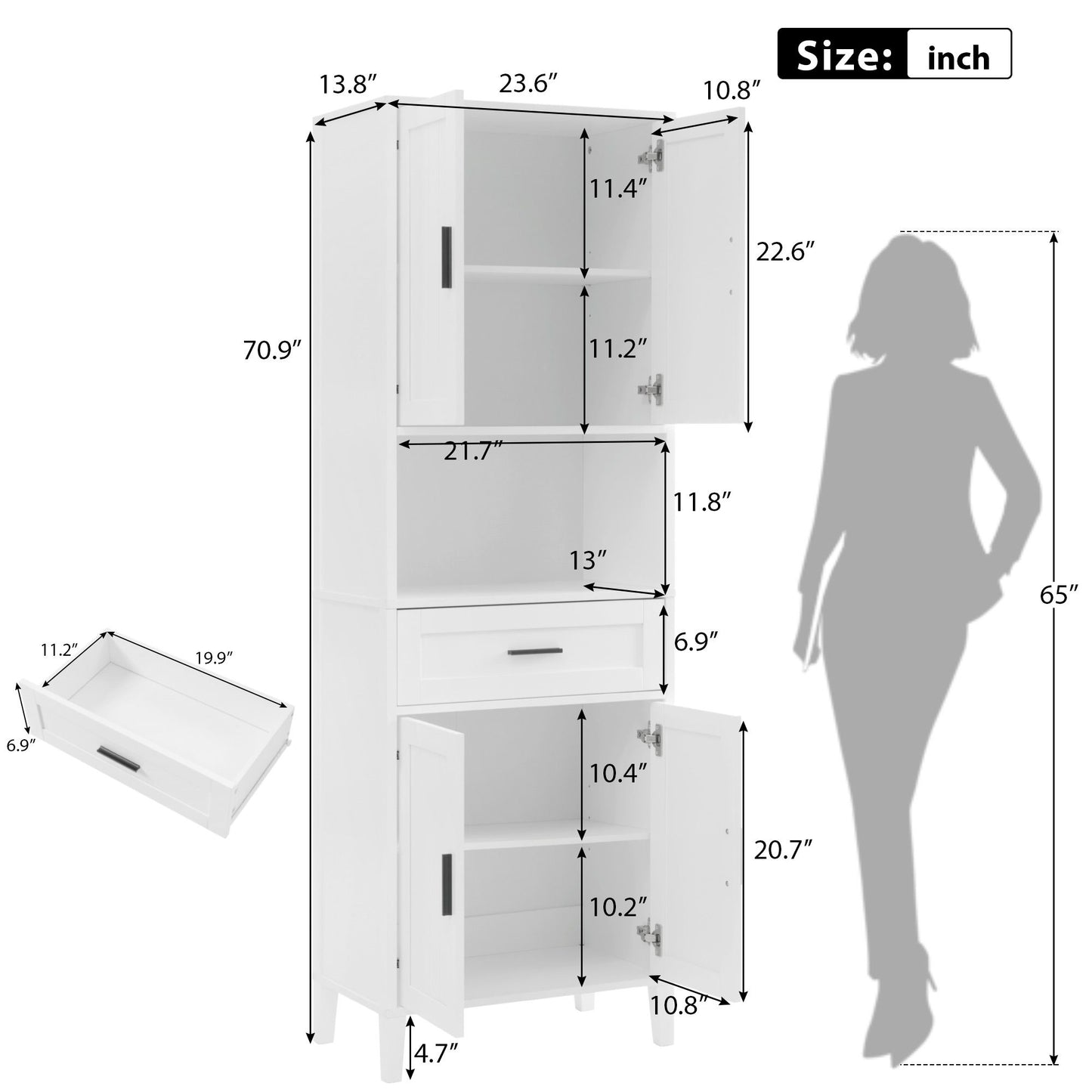 Tall Bathroom Cabinet With Drawer And Adjustable Shelves - White