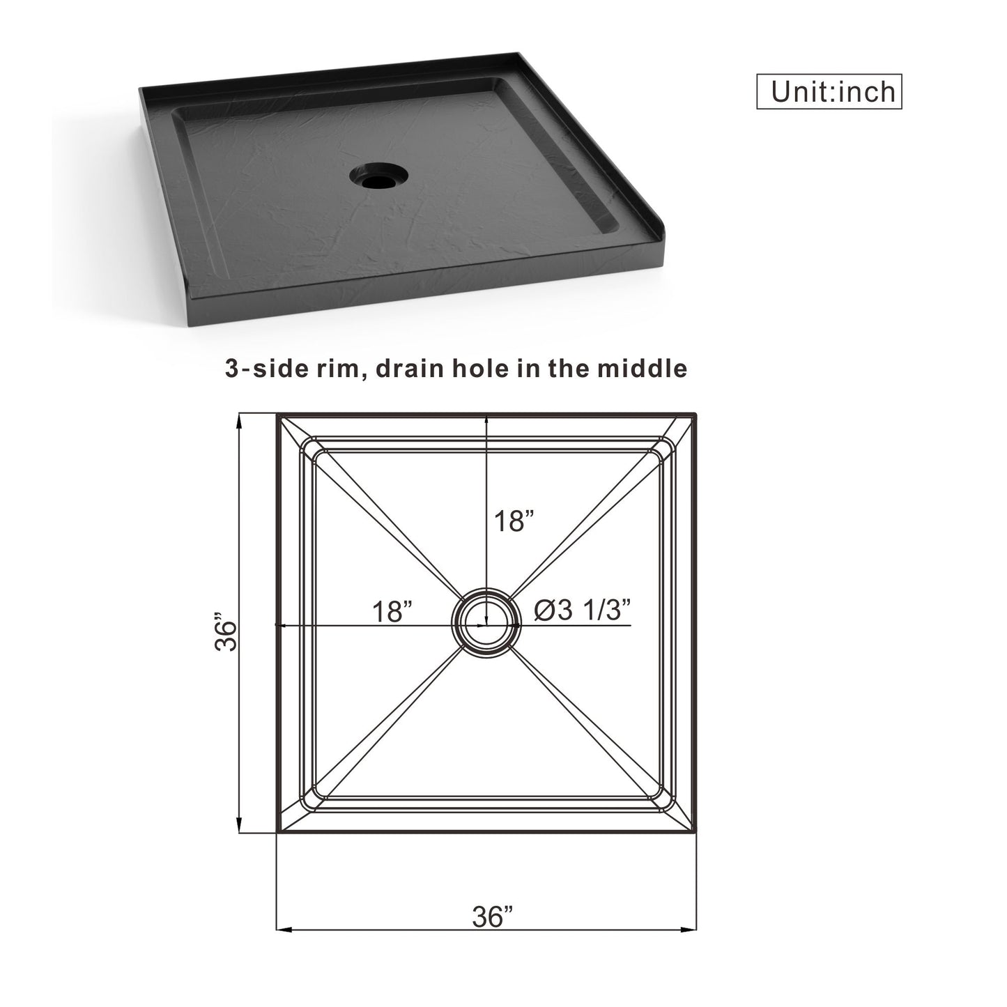 Anti Slip Center Drain Single Threshold Shower Base Slate - Black