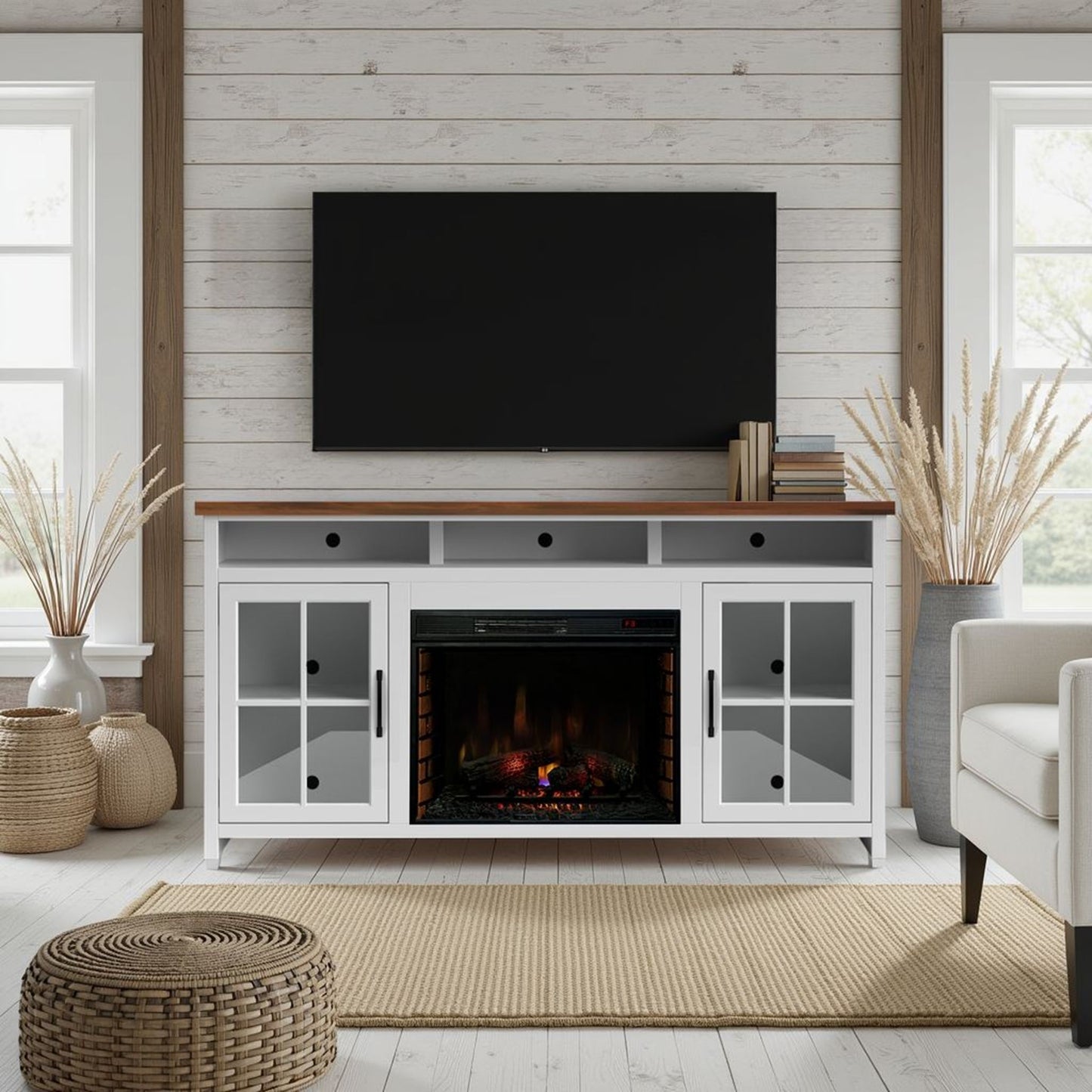 Fireplace TV Stand Console & Fixed Shelves