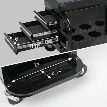 Rolling Creeper Garage Seat With 3 Built In Drawers, Rolling Tool Chest For Shop Or Garage - Black