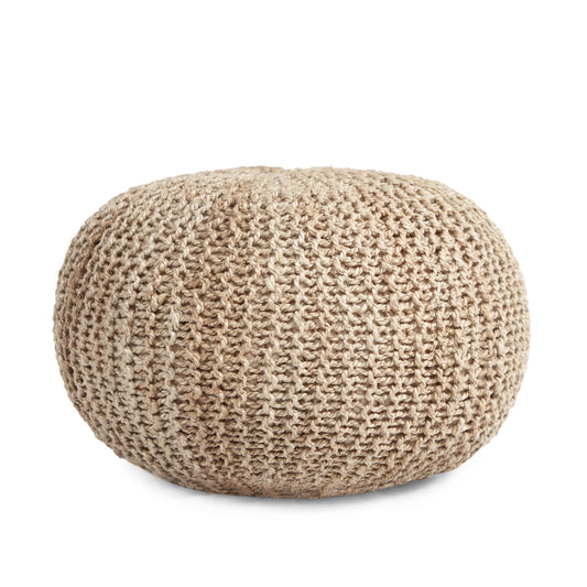 Handmade Jute Pouf With Cable Knit Pattern - Natural