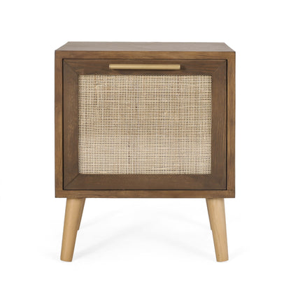 Contemporary End Table With Rattan - Walnut