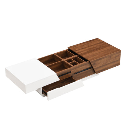 Extendable Sliding Top Coffee Table With Storage, Rectangle Shape - White / Walnut