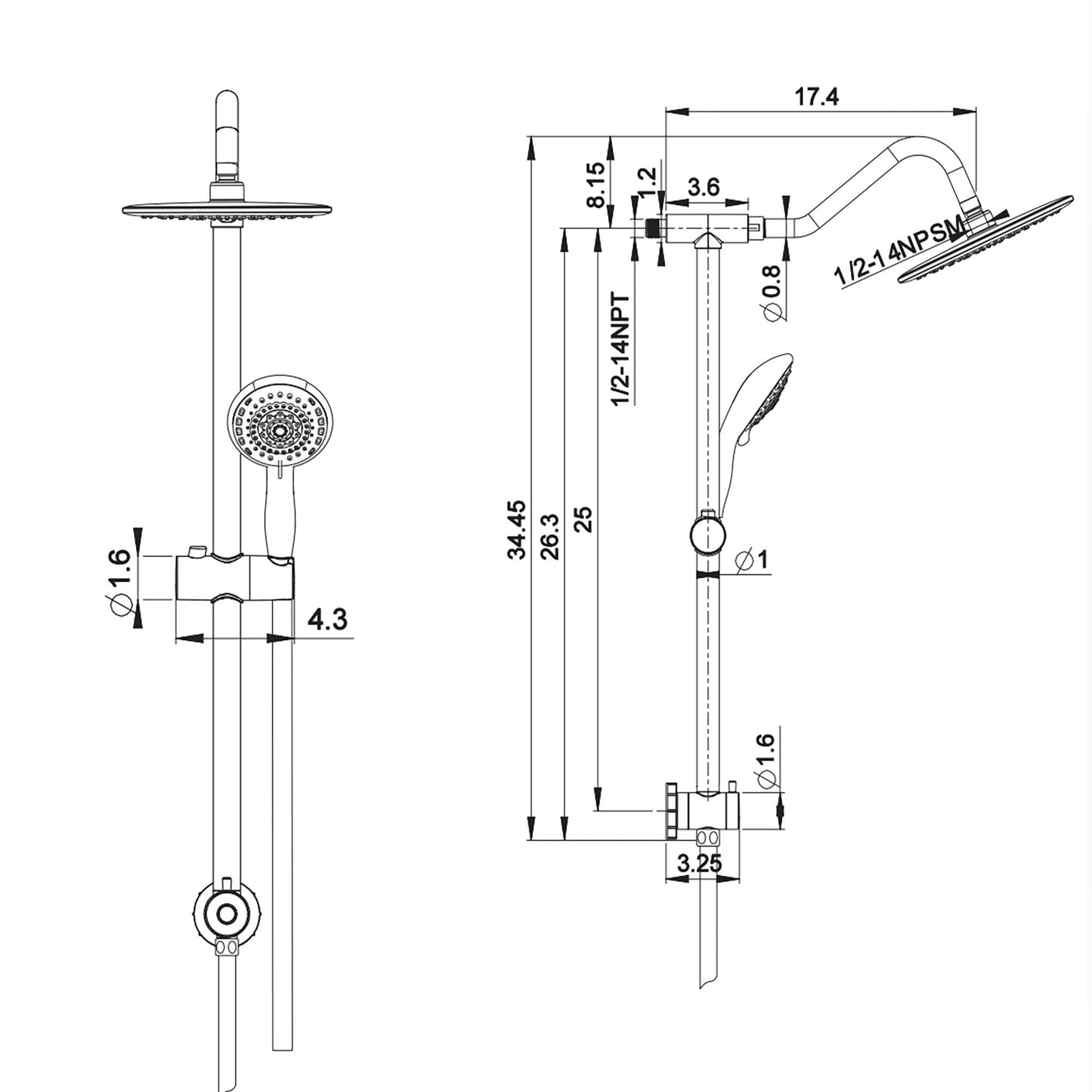 Shower System With 5 Function Rain Hand Shower And Slide Bar Combo