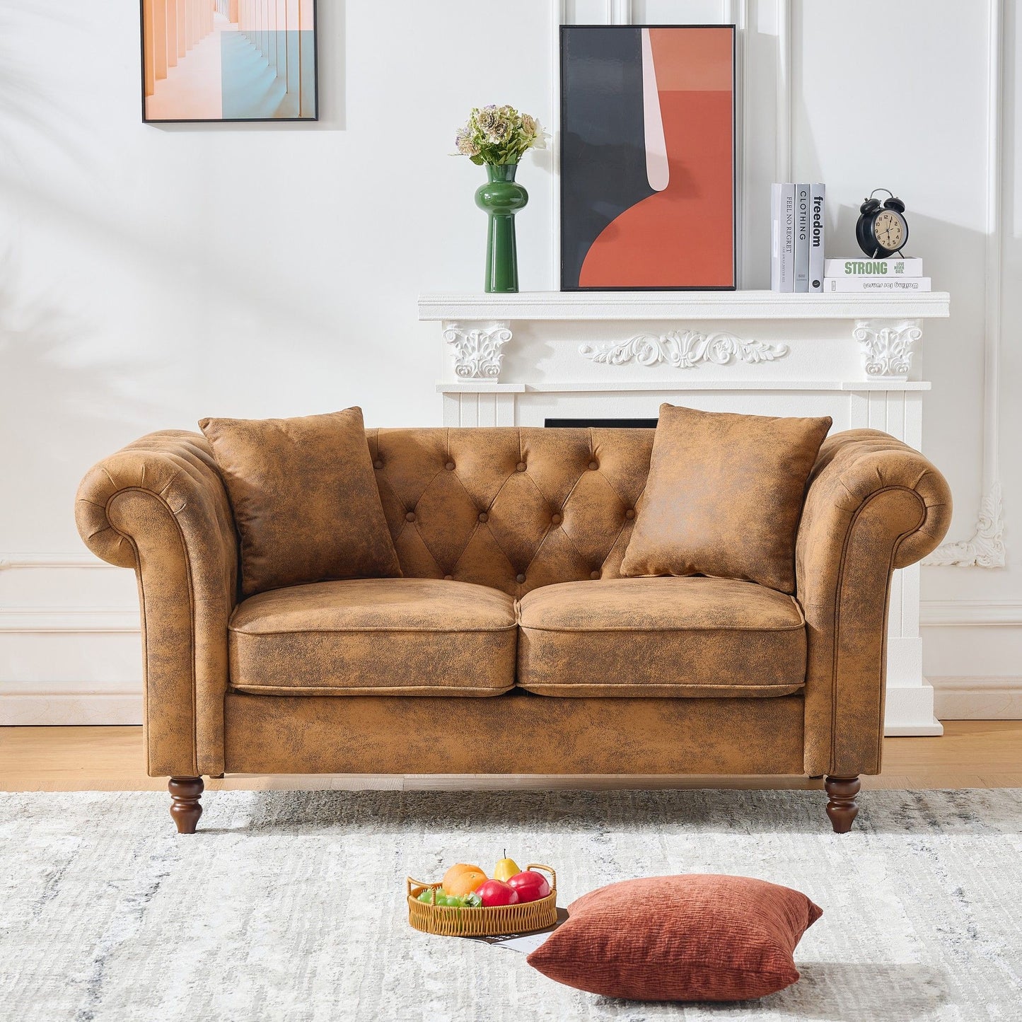 Chesterfield Loveseat, High Tech Fabric Roll Armrest