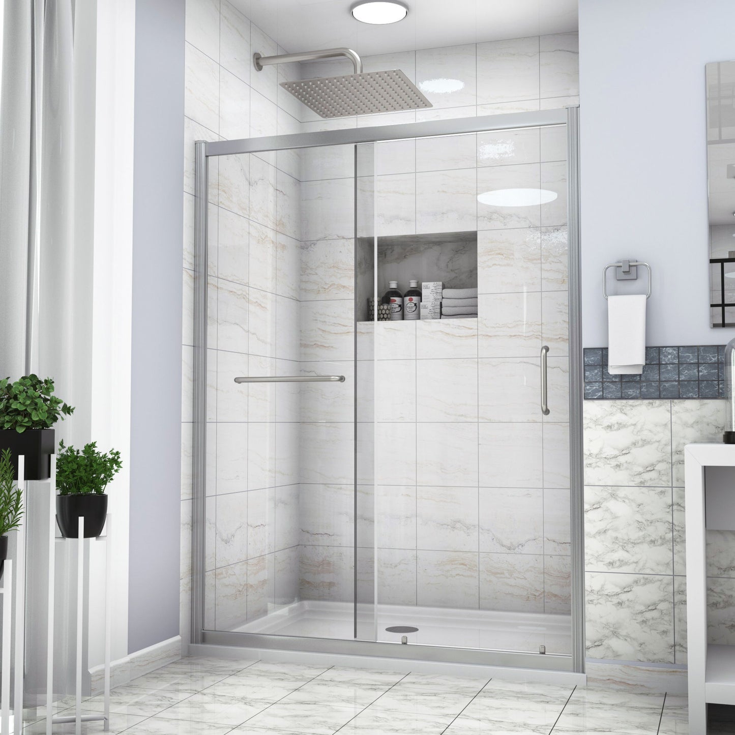 Single Sliding Bypass Shower Door, Tempered Glass Enclosure