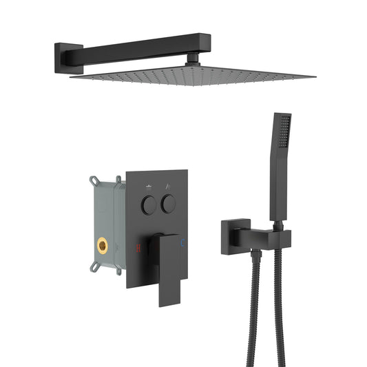 Dual Shower Head System With Rainfall Design, 10" Wall Mounted Square Shower Set - Matte Black