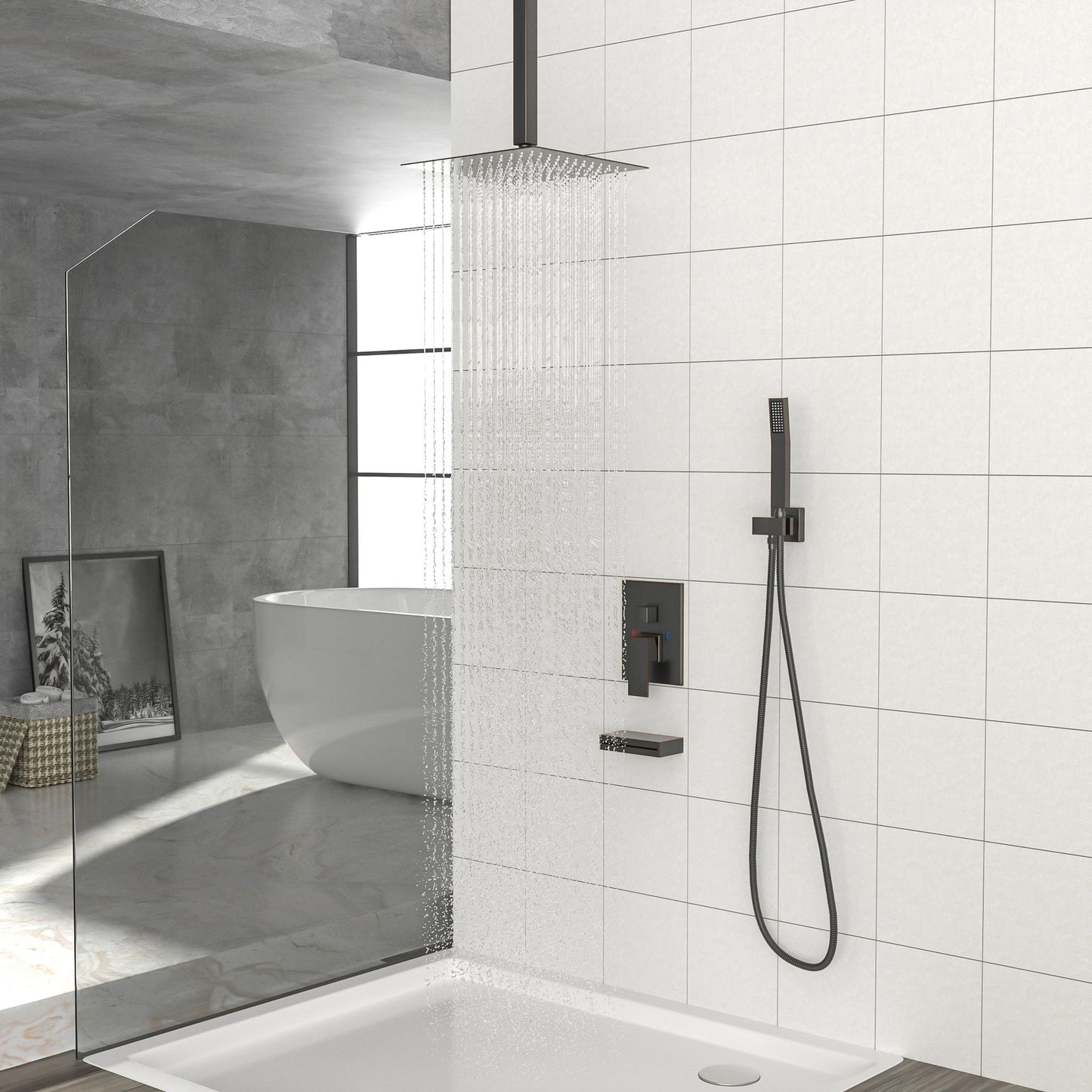 Shower System With Waterfall Tub Spout And 12" Ceiling Mount Square Shower Head - Oil-Rubbed Bronze
