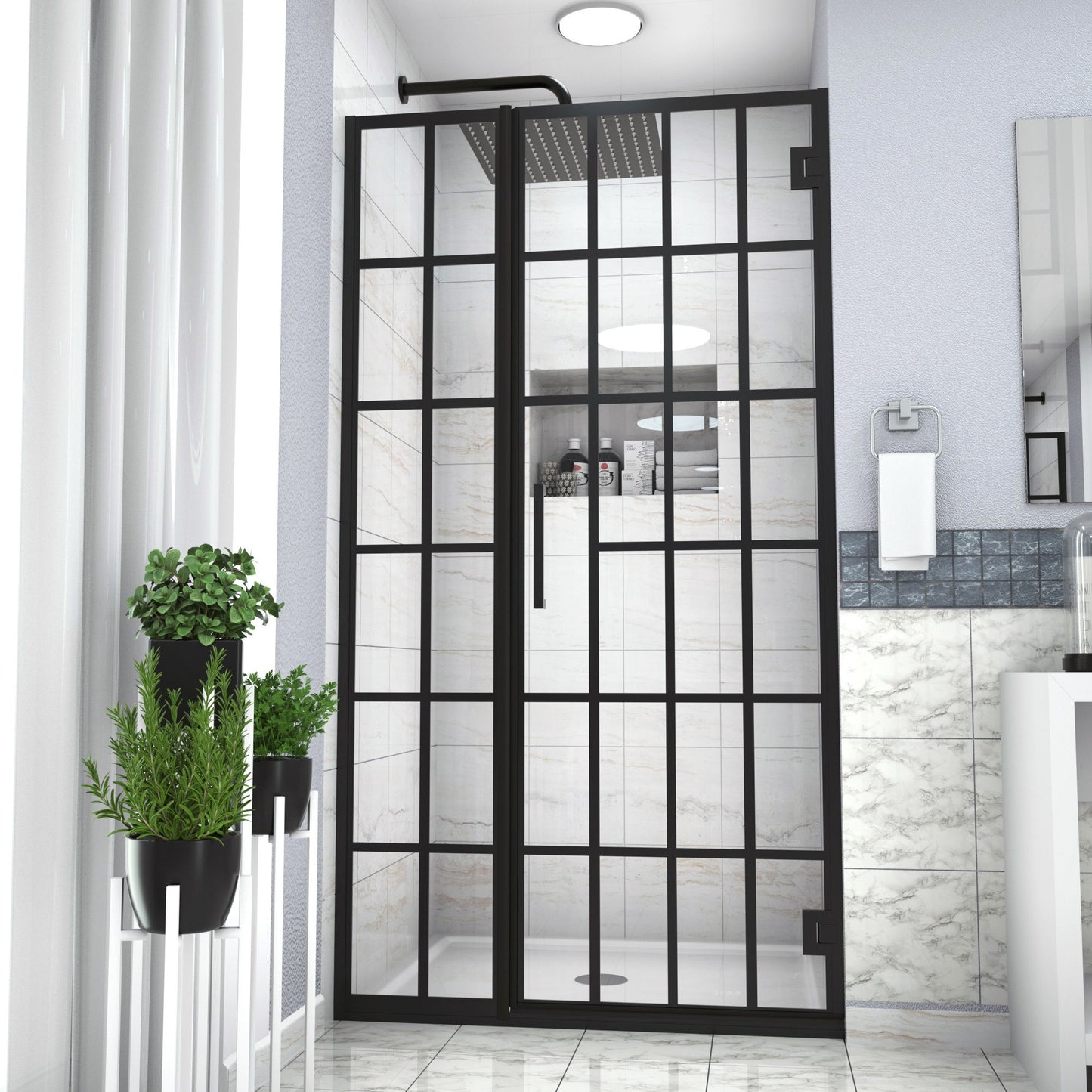 Frameless Pivot Shower Door With Pattern Glass, Open Entry Design