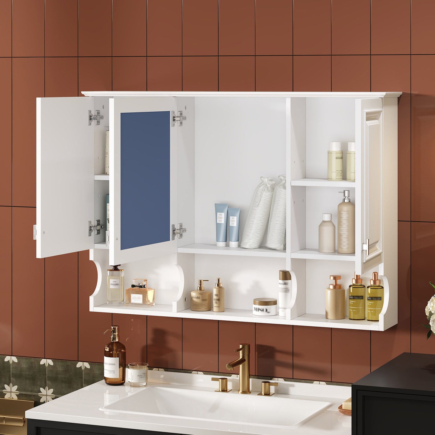 Modern Wall Mounted Mirror Medicine Cabinet With Open Shelves, Adjustable Interior, Storage Over Toilet