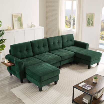 Modular Sectional Sofa With Movable Ottomans, USB Ports & Side Tables
