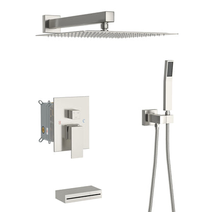 Square Shower System With Waterfall Tub Spout And Rough In Valve, Wall Mounted