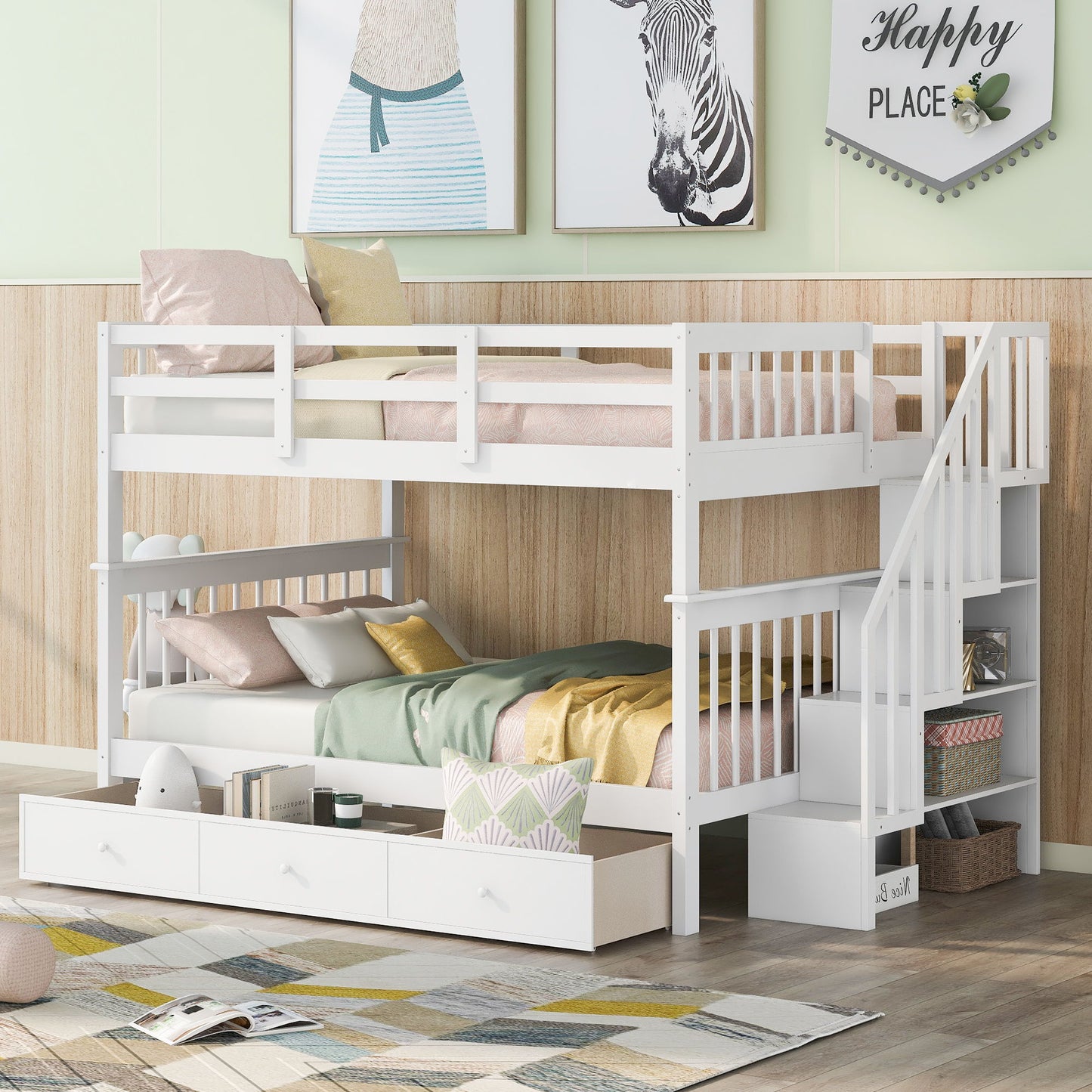 Stairway Bunk Bed With Storage And Guard Rail For Bedroom