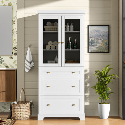 Freestanding Tall Bathroom Cabinet With 2 Adjustable Shelves, 3 Drawers, Soft Close Glass Doors - White