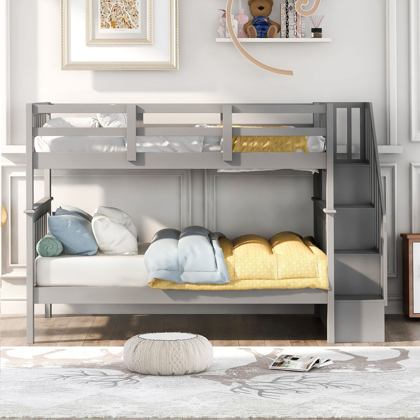 Stairway Bunk Bed With Storage And Guard Rail For Bedroom