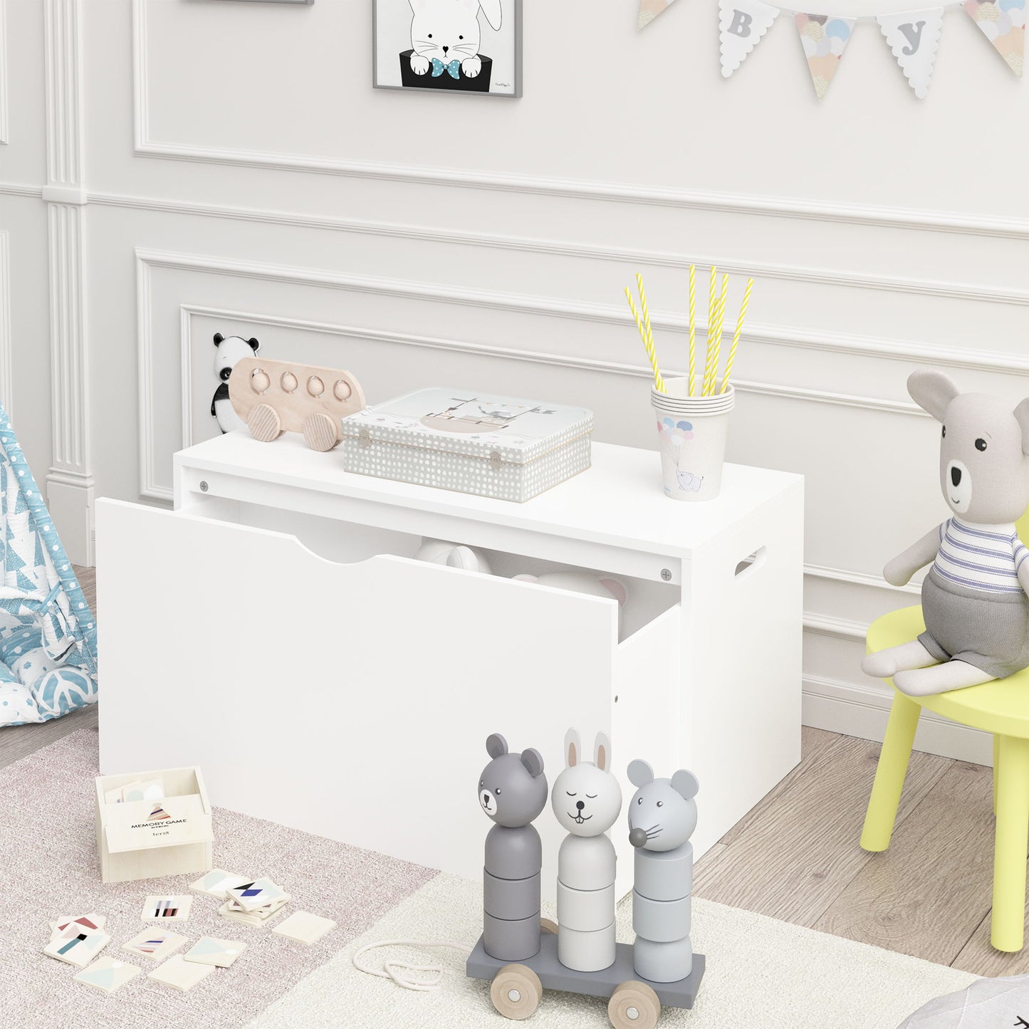 Toy Storage Organizer With Rolling Drawer, Chest With Wheels, Large Pull Out Bin For Nursery - White