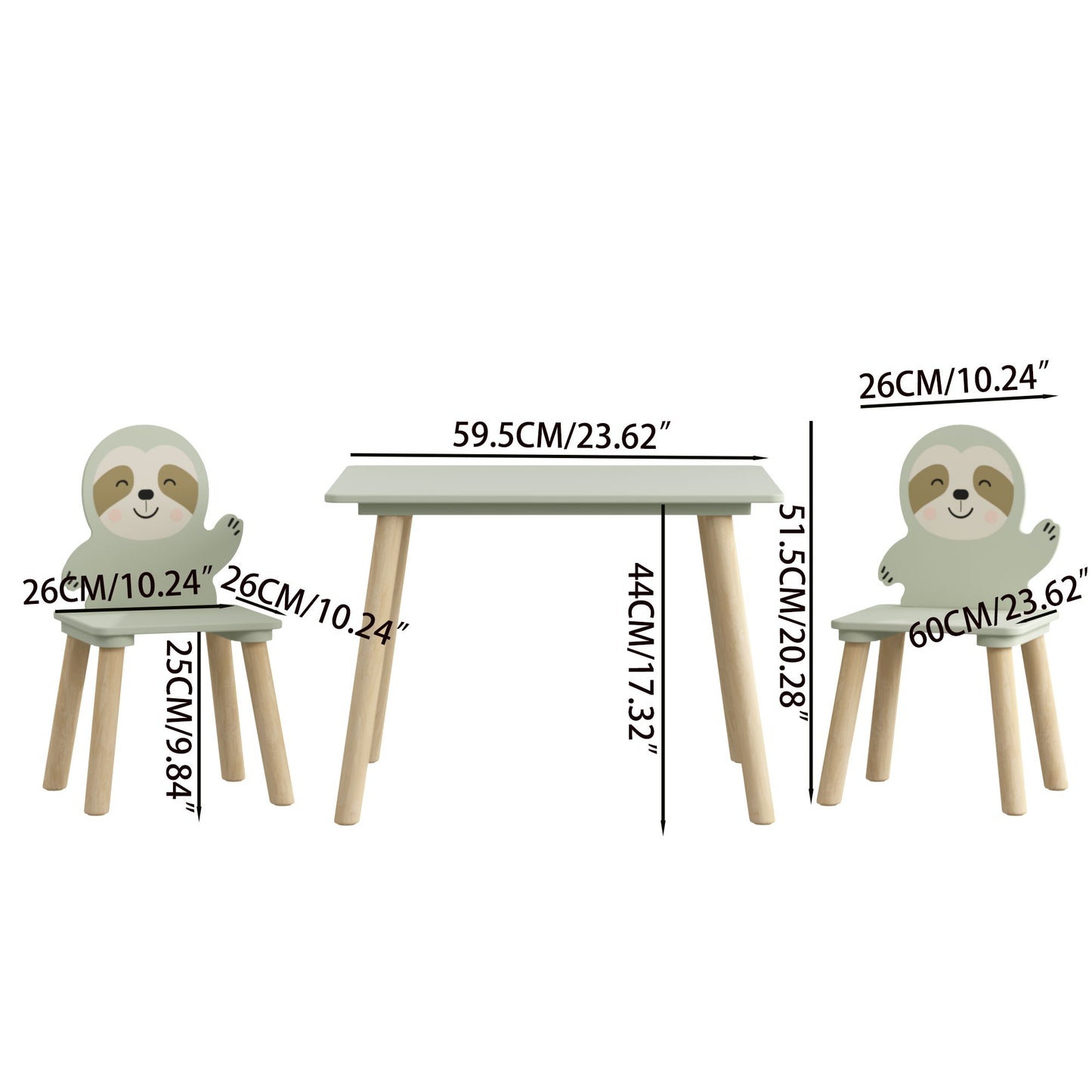 Sloth Themed Table And Chair Set With 2 Cute Animal Chairs - Natural Wood / Sage Green