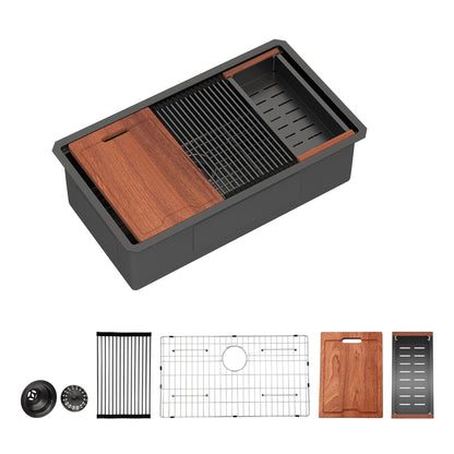 Workstation Kitchen Sink 30" X 18" X 10" Single Bowl Undermount 16 Gauge - Gunmetal Black