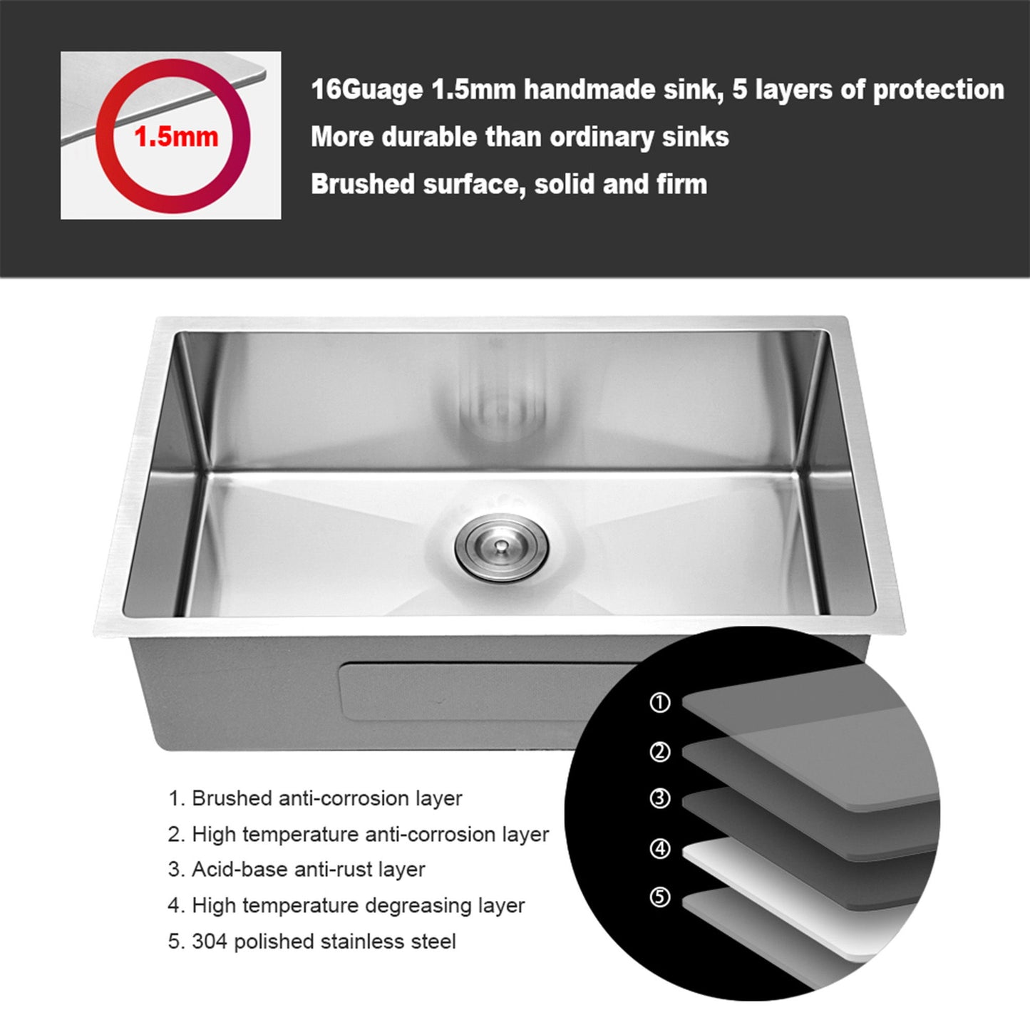 28" Undermount Kitchen Sink With, 10" Deep, Single Bowl, Rounded Corners - Brushed Nickel