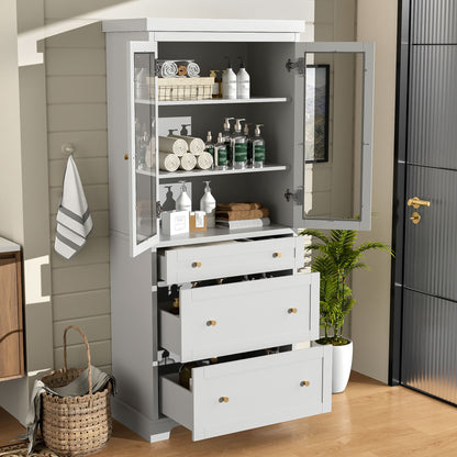 Freestanding Tall Bathroom Cabinet With 2 Adjustable Shelves, 3 Drawers, Soft Close Glass Doors - White
