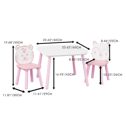 Table And Chair Set, 3 Piece Wooden Toddler Desk With Animal Backrest - Pink / White