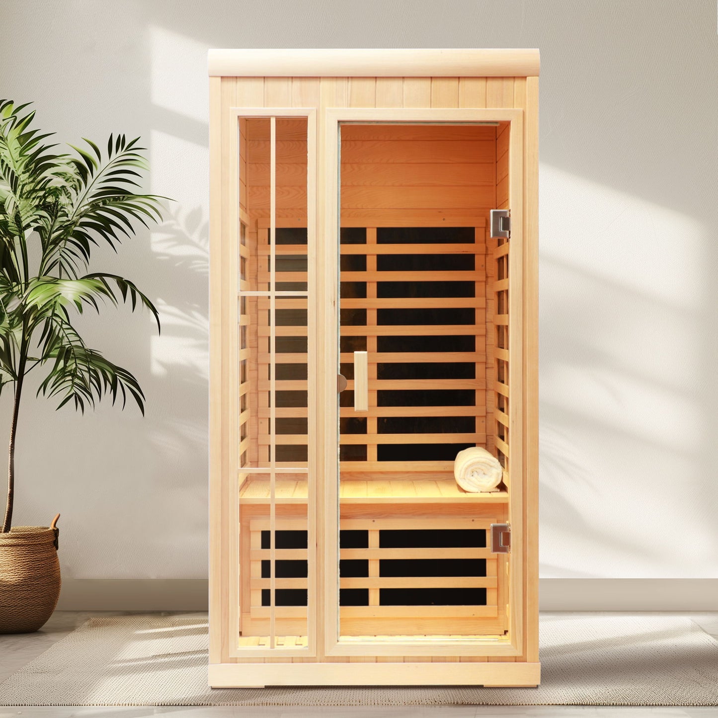 Deluxe Version Plus 1 Person Far Infrared Hemlock Sauna Room With LED Colour Lights - Natural