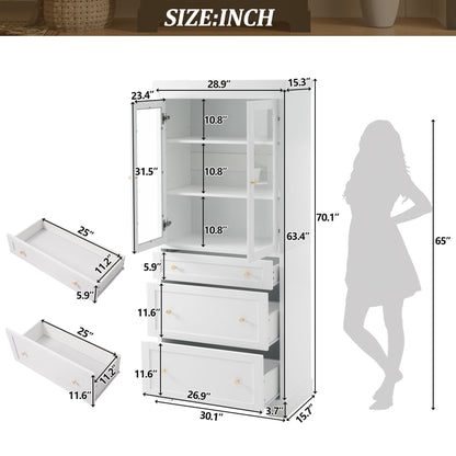 Freestanding Tall Bathroom Cabinet With 2 Adjustable Shelves, 3 Drawers, Soft Close Glass Doors - White
