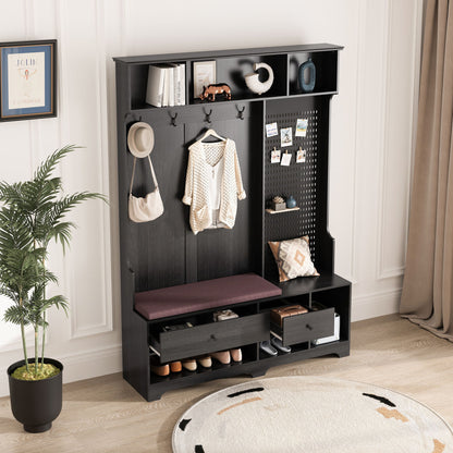 Hallway Hall Tree With Removable Cushion Bench, Coat Rack, Storage Shelves