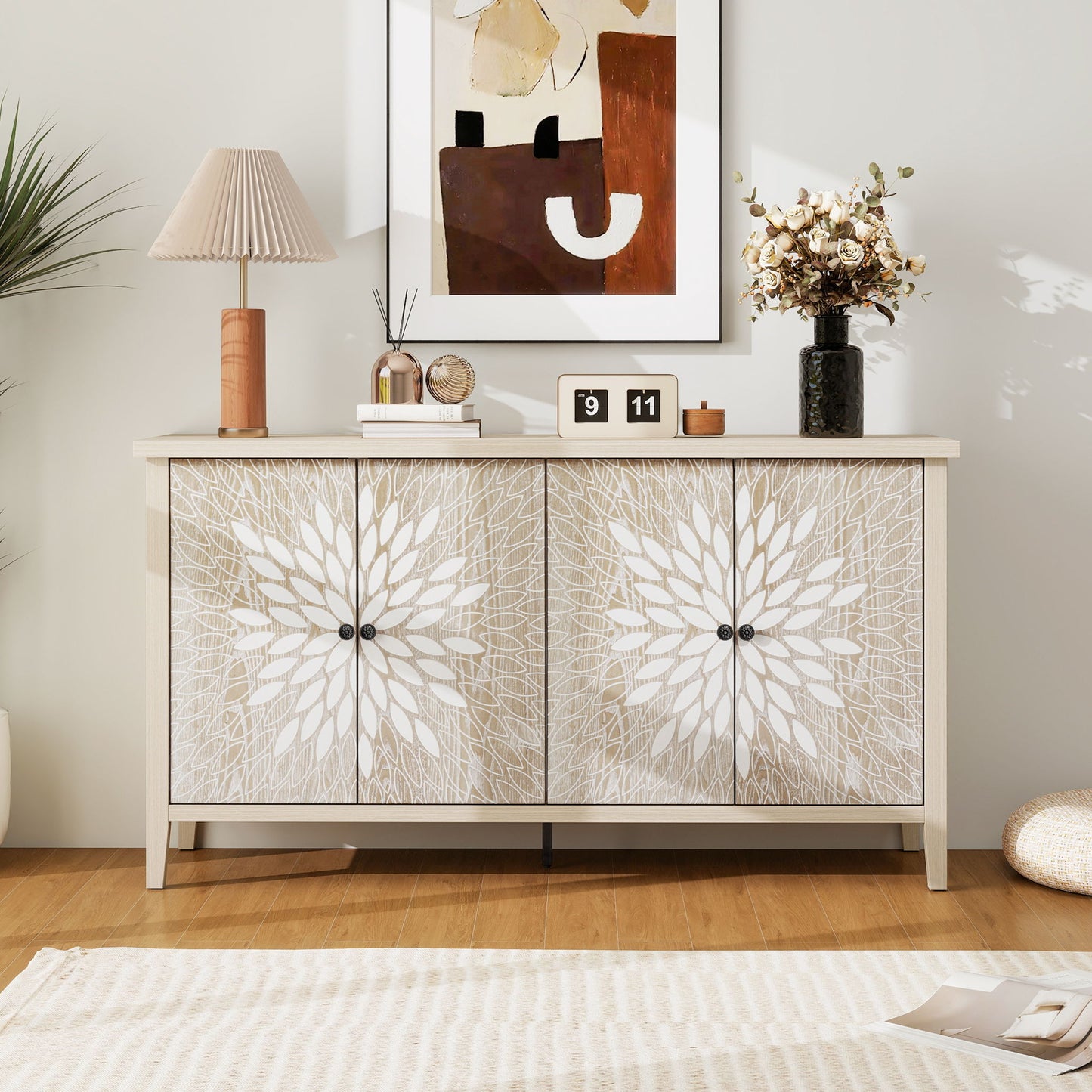 Modern Storage Cabinet With 4 Doors & Adjustable Shelves