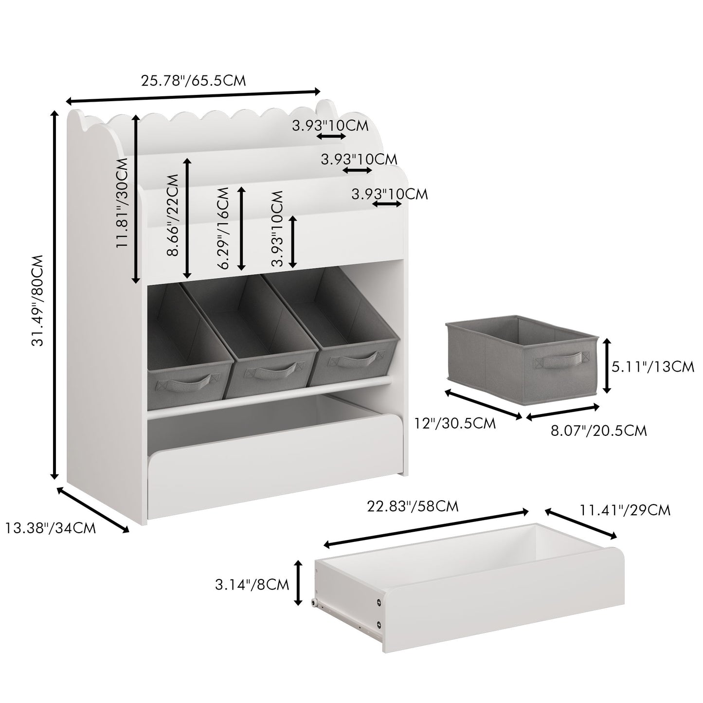 Bookshelf With Storage Bins And Drawer, Multi Functional Book Organizer For Toddlers - White