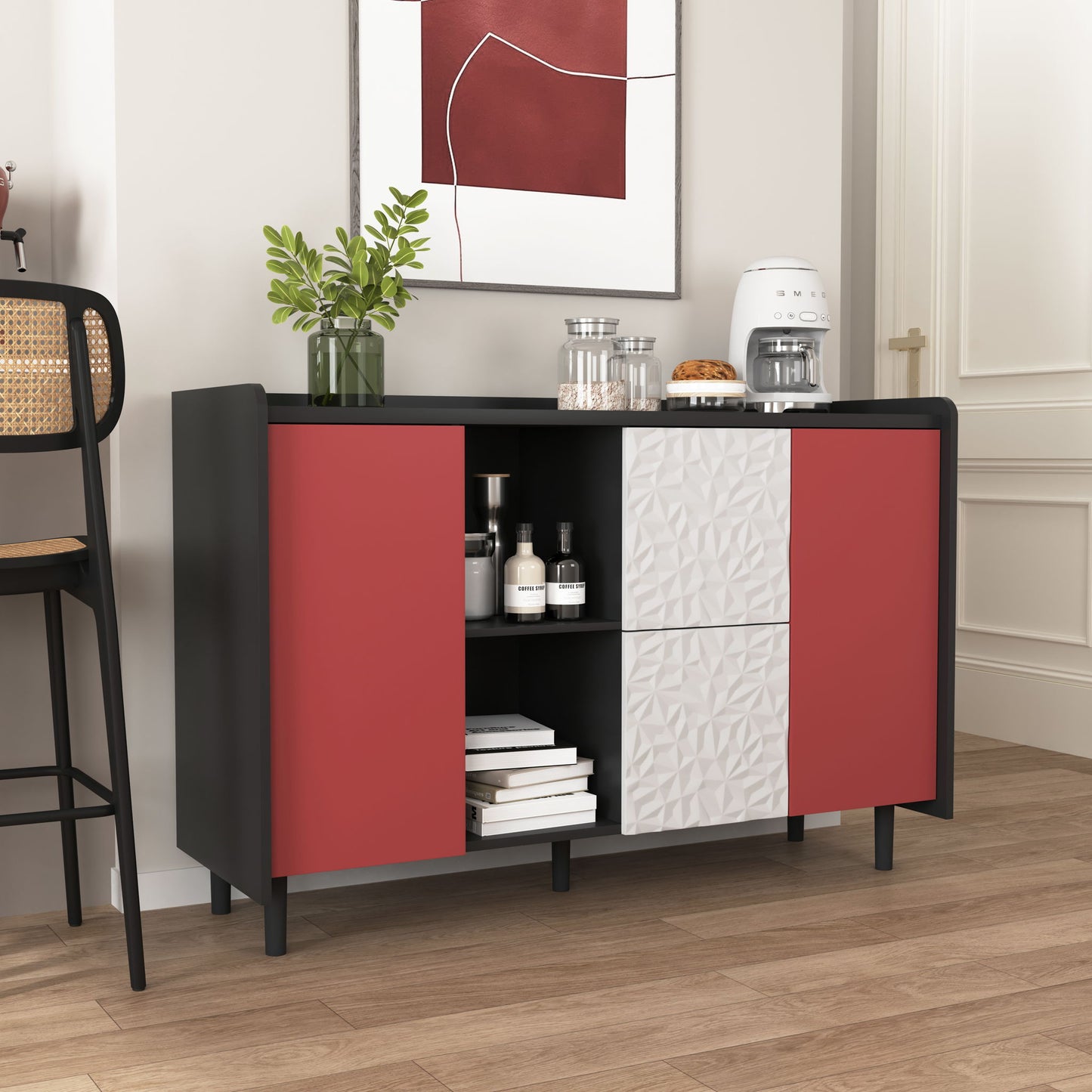 Modern Sideboard Buffet Cabinet With Doors And Unique Panel Styling