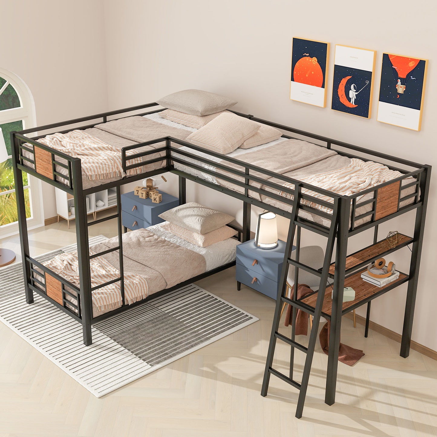 L-Shaped Twin Over Twin Bunk Bed With Twin Size Loft Bed With Desk And Shelf - Brown