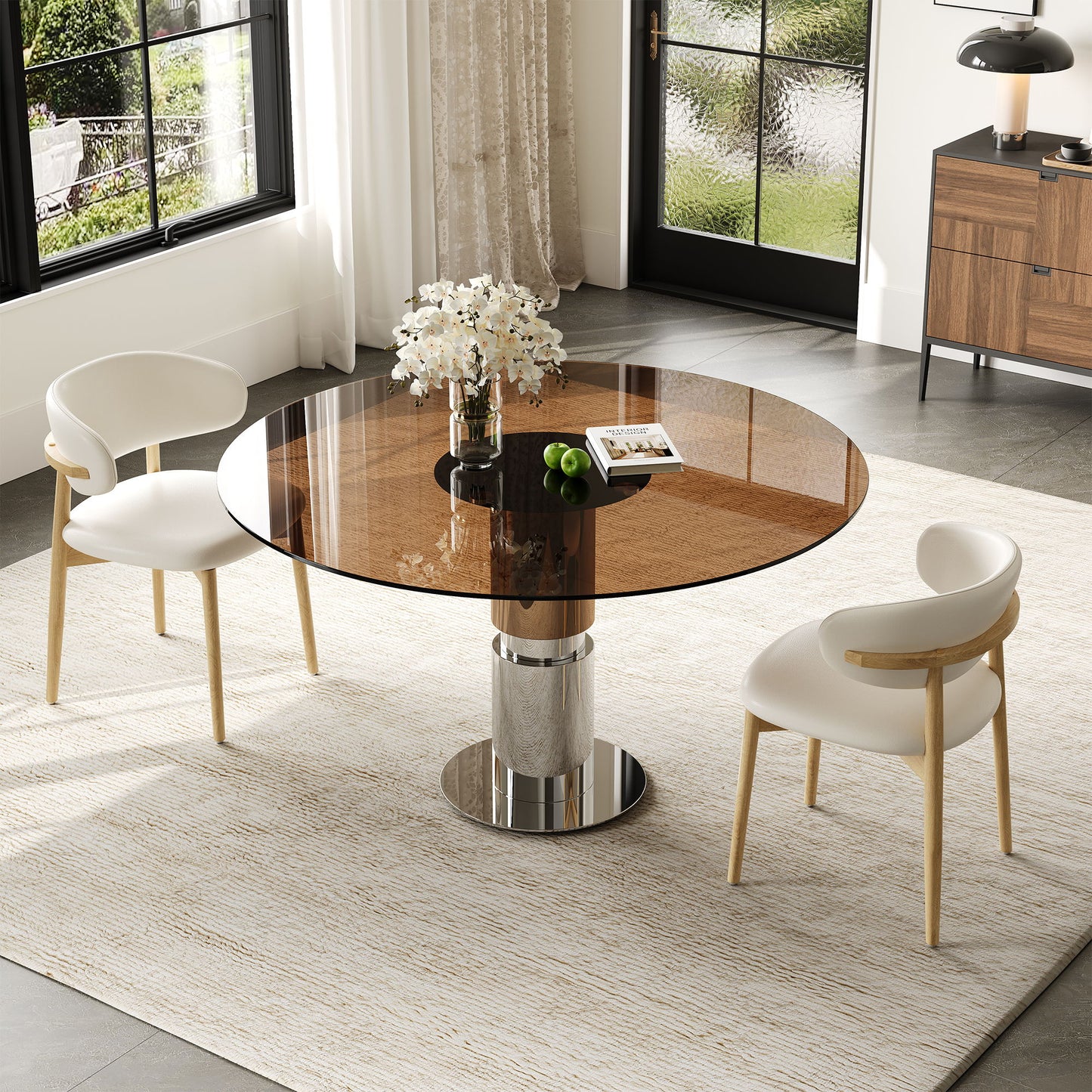 Round Glass Dining Table With Stainless Steel Legs And Chairs