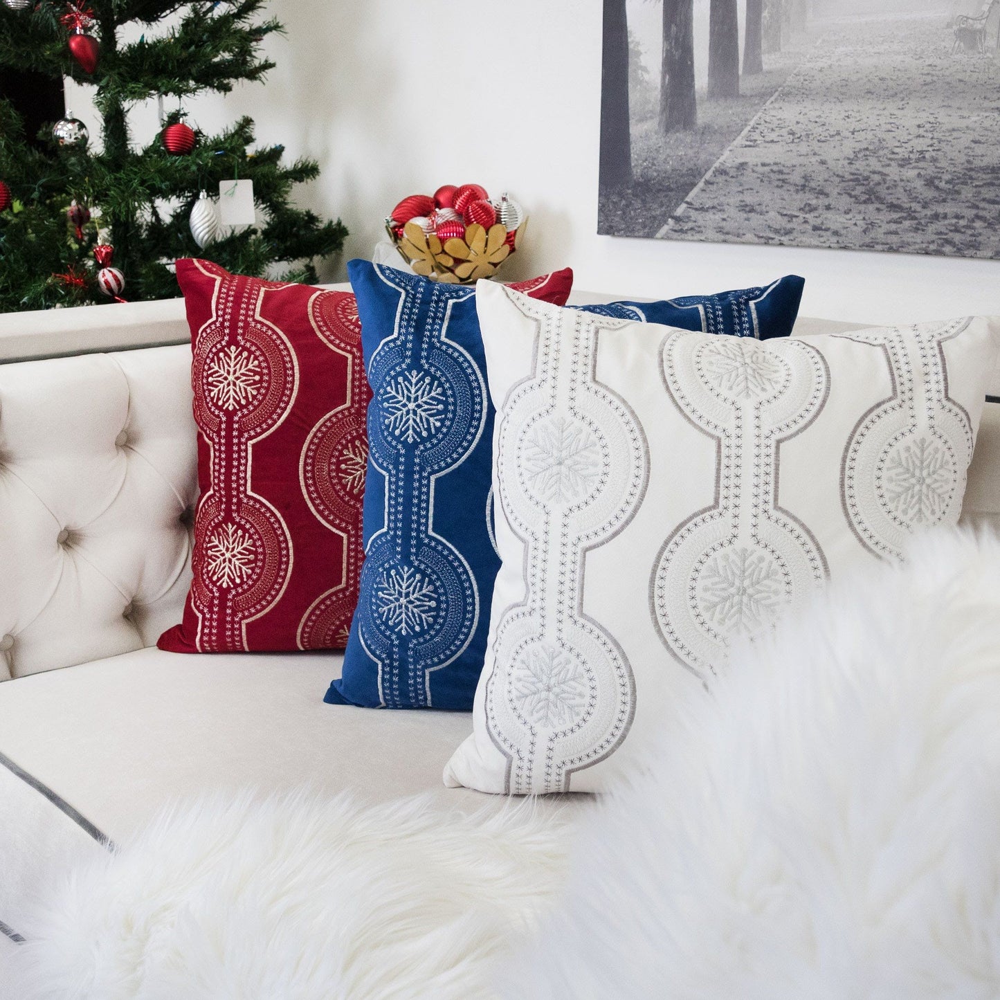 Holiday Throw Pillow With Snowflake Embroidery