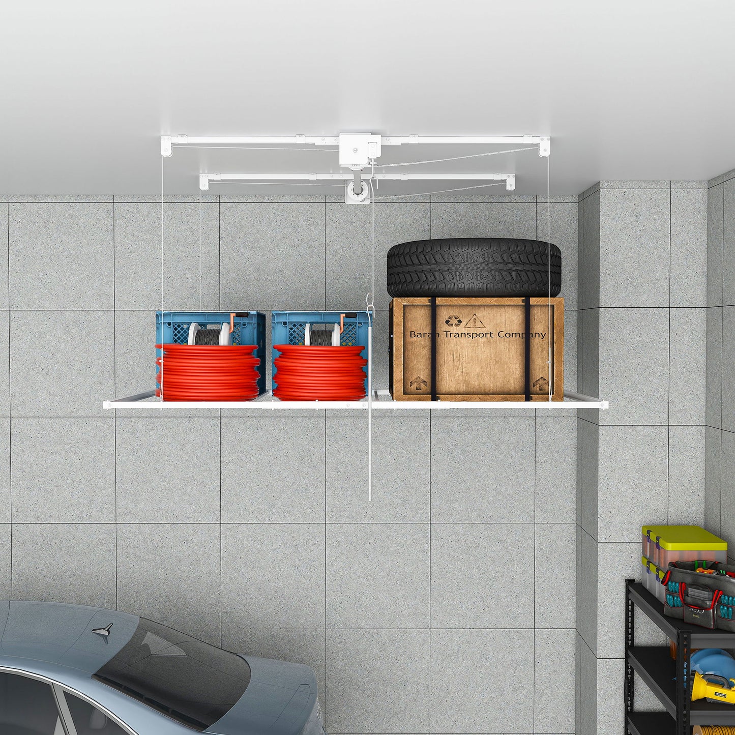 Overhead Garage Storage Rack 3 X 6 Ft For High Ceilings, With Safety Lock - White