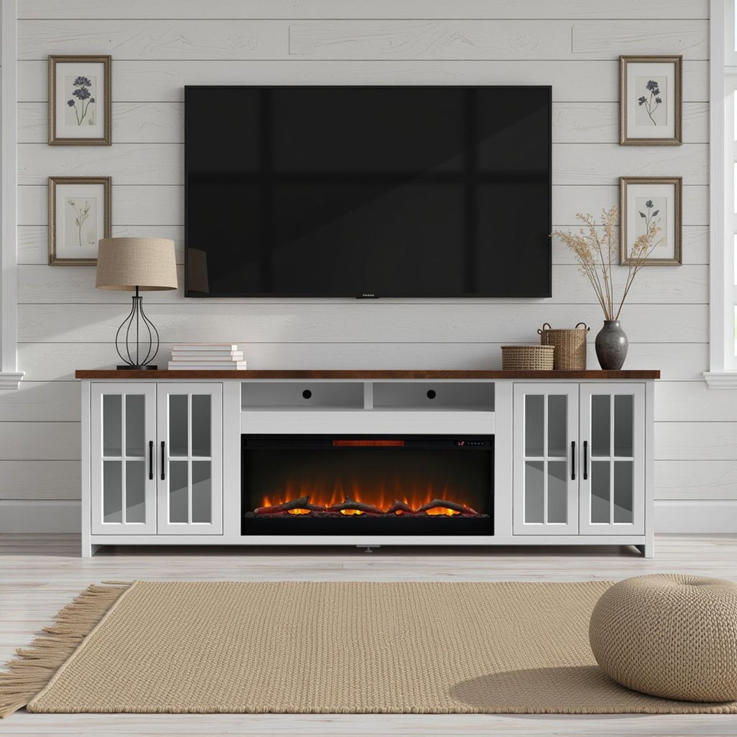 Fireplace TV Stand Console & Fixed Shelves