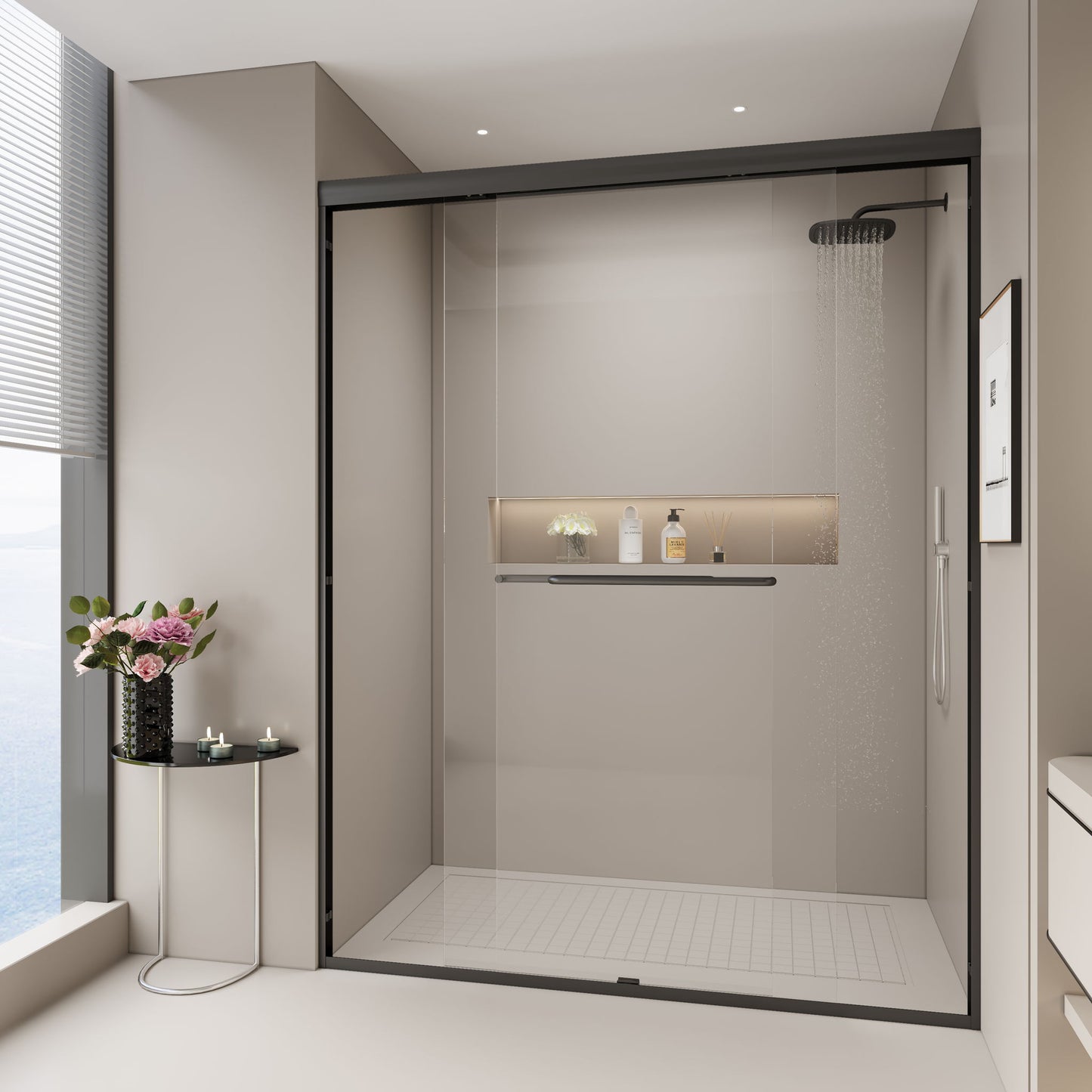 Double Sliding Shower Door, Semi-Frameless Bypass Bathroom Sliding Door With 1/4" (6 Mm) Tempered Glass For Walk-In Shower