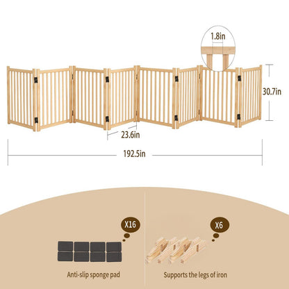 8 Panel Wooden Freestanding Dog Gate, Step Over Indoor Pet Fence For Doorways And Stairs - Natural Wood